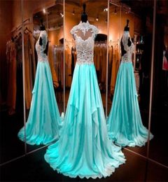 Mint Green High Neck Prom Dresses With Cap Sleeves Sheer Neck 3D Appliques Chiffon Hollow Back Evening Dress Long Modest Party Gow4998301