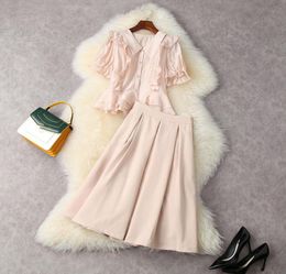 2021 Summer Half Sleeve Lapel Neck Pink Pure Color SingleBreasted Shirt Blouse Peplum MidCalf Skirt Two Piece Suits 2 Pieces S9732096