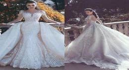 2022 New Mermaid Lace Wedding Dresses With Detachable Train Sheer Neck Long Sleeves Beaded Overskirt Dubai Arabic Bridal Gowns BA72652621