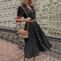 Casual Dresses Ruffle A-Line Loose Fit Flowy Dress Women Summer Lapel Button Midi Shirt Elegant Solid Office Lady Long