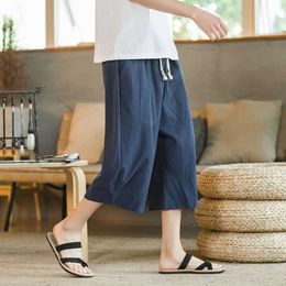 Summer Capris Mens Thin Linen Casual Pants Chinese Style Loose Large Straight Cotton Beach Shorts