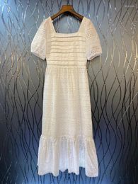 Party Dresses White Long Dress 2024 Summer Fashion Style Ladies Sexy Square Collar Allover Hollow Out Embroidery Short Sleeve Cotton