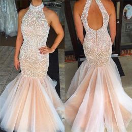 Dresses Tulle Fitted Floor Length Crystals High Neck Halter Mermaid Prom Dress Open Back Sleeveless Champagne Beaded Sexy Evening Gowns