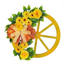 Decorative Flowers Spring Wreath Rustic Round Artificial Wreaths Dot Plaid Bowknot Yellow Flower Decor With Greener