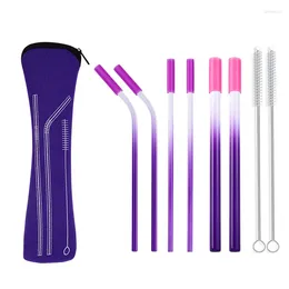 Drinking Straws OHFIN 9Pcs/Set 304 Stainless Steel Straw Reusable Metal Silicone Cover Tips With Cleaner Brush Bag Wholesale