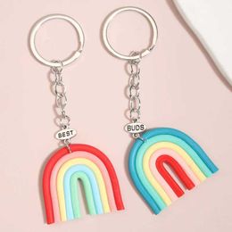 Keychains Lanyards 1set(2pcs) New Gradient Rainbow Keychain Best Buds Key Ring Handmade Colourful Arched Line Chain Friendship Bff Gift Jewellery Q240403