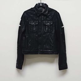D Black Brushed Wax 04ss Homme Style Lapel Handmade Tear Damaged Denim Jacket Jacket Jacket