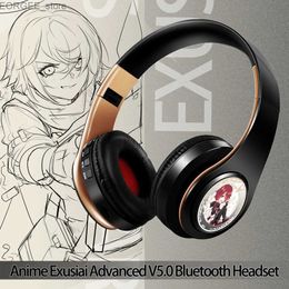 Cell Phone Earphones New Fashionable Cool Anime Arknights Exusiaie Wireless Gold Bluetooth Headset Head Mounted Plug In Card Mobile Phone Headphones Y240407