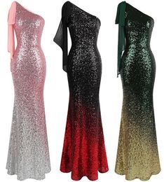 Angelfashions Women039s Asymmetric Ribbon Gradient Sequin Mermaid Long Prom Party Gown Dress Evening Dresses Black Pink Green 4015004