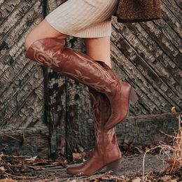 Dress Shoes Over The Knee High Boots For Women Pointed Toe Chunky Heels Cork Heel Knight Boots Vintage Cowgirl Dance Party Boots