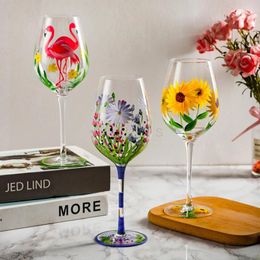 Wine Glasses Style 400-500ml Creative Hand Painted Goblet Daisy Tulip Flamingo Rose Pattern Red Cup Home Bar Gift Drinkware