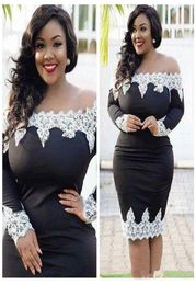 African Plus Size Cocktail Dresses Off The Shoulder Lace Appliques Long Sleeves Sheath Black Girls Short Prom Dress Knee Length Pa2689708