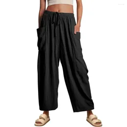 Women's Pants Wide Leg Stylish Drawstring With Patch Pockets High Waist Solid Color Ankle Length For Ladies