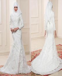 2017 White Muslim Wedding Dresses High Neckline Long Sleeves Bridal Gowns With Beaded Applique Mermaid Style Custom Made Wedding G3203904