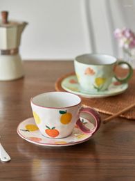 Cups Saucers Ceramic Coffee Saucer Set Ins Fruit Floral Printed Handpainted Nordic Style 240ml Afternoon Tea Cafe Shop Drinkware