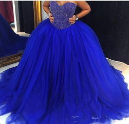 2021 New Cheap Royal Blue Puffy Tulle Ball Gown Wedding Dresses Bridal Gowns Sweetheart Crystal Beaded Plus Size Quinceanera Dress8838641