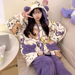 Women's Sleepwear Winter Pyjama Set For Women Clothes Thicken Warm Pyjamas Cartoon Bear Print Coral Fleece Kawaii Pijama Night Wears With