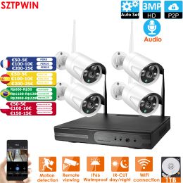 System 8CH 3.0MP HD Audio Wireless NVR Kit P2P 3.0MP Indoor Outdoor IR Night Vision Security 4pcs 3.0MP IP Camera Wireless CCTV System