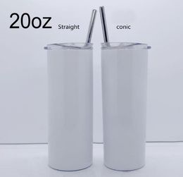 20oz Sublimation Straight Taper Skinny Tumbler 20oz Stainless Steel Blank White Skinny Cup With Lid Straw Cylinder water bottle Co5332020