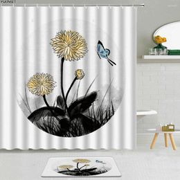 Shower Curtains 2Pcs Chinese Style Ink Flowers Curtain Yellow Butterfly Hand Drawn Plant Bathroom Fabric Non-Slip Bath Mat Set