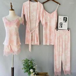 Home Clothing Print Flower 5PCS Pajamas Suit Spring Casual Sleep Set Women Intimate Lingerie Sexy Lace Homewear Pyjamas