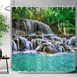 Shower Curtains Outdoor Scenic Forest Curtain With Hooks Green Plant Tree Waterfall Landscape Waterproof Bathroom Decor