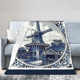 Blankets DUTCH BLUE DELFT Vintage Windmill Print Soft Warm Flannel Throw Blanket Bedding For Bed Living Room Picnic Travel Home