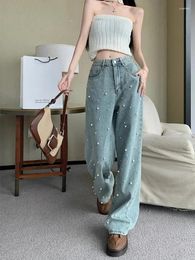 Women's Jeans Pants High Waisted Wide Leg Mop Pearl Straight Baggy Y2k Fashion Vintage Long Trousers