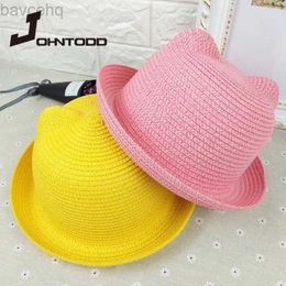 Wide Brim Hats Bucket Hats New handmade straw hat 7-color childrens straw hat summer sandal hat outing travel men and women baby cat ear sun hat gorro 240407