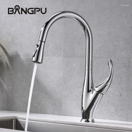 Bathroom Sink Faucets BANGPU Kitchen Pull Out Faucet Deck Mounted Single Handle Down Stream Sprayer Nozzle Chrome