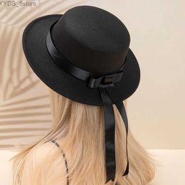 Wide Brim Hats Bucket Handmade JKDK Uniform Hat Elegant Flat Top Edge Wool Academy Style Bow Ribbon yq240407