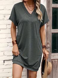 Plus Size Dresses Women's Summer Simple And Fashionable Solid Colour Small V-neck Straight Knee-length Sports Style Versatile Basic Dress