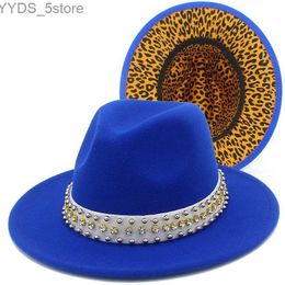 Wide Brim Hats Bucket Fedora hat womens Trilby jazz pearl belt leopard print Derby felt blower mens Chapeau yq240407