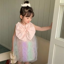 Ins Summer Infant Girl Sundress Knotbow Sleeveless 3D Rainbow Flower Baby Dress Sweet Tulle Bilayer Toddler 240325