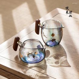 Wine Glasses Japanese Style Colour Craft Glass Cup Thick Heat-Resistant Wooden Handle Tea Divider Maker PourerTea Cups