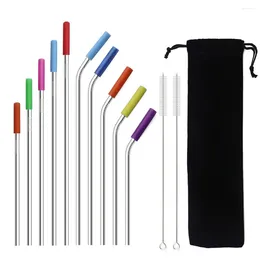 Drinking Straws 16/19/21/23/26cm Reusable Straw Good Quality 304 Stainless Steel Metal Cups Bent Cleaning Brush Silicone Tip