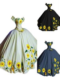 Vintage s Embroidered Quinceanera Dresses Charro Mexican Style Off The Shoulder Big Bow Corset Sweet 16 Dress Ball Gown Puffy5923442