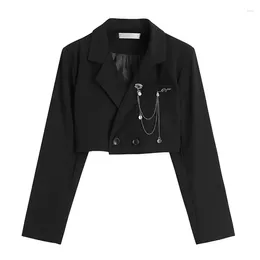 Women's Suits Women Punk Gothic Cropped Blazer With Metal Chain Harajuku Design Streetwear Chic Patchwork Suit Office Lady Commute Short