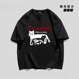 Women's T-Shirt American layered cat print pure cotton short-sleeved T-shirts for men and women in summer 2024 new cute Korean style fashion top H240407