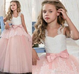 2019 Princess White Lace Pink Flower Girl Dresses Lovely Ball Gown Party Wedding Girls Dresses with Bow Sash MC17918309327