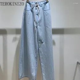 Women's Jeans TEROKINIZO Wide Leg Pants Women High Waist Drawstring Denim Female Solid Color Simple Casual All-match Fashion Capris