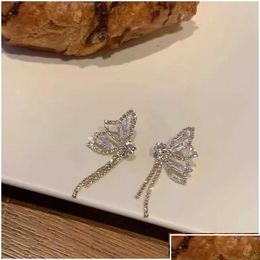 Charm S925 Sier Needle Korean Super Fairy Butterfly Zircon Rhinestone Tassel Earrings Asymmetric Small Drop Delivery Jewellery Dhblf Otpxv