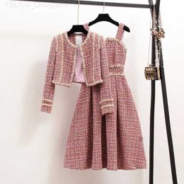 Two Piece Dress Womens elegant tweed luxury set pearl jacket and dress two-piece matching set winter jacquard pink party clothingC240407