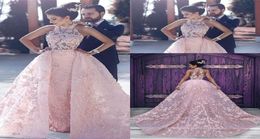 2020 Evening Dresses Wear Arabic Dubai Pink 3D Floral Flowers Ball Gown Over skirts Lace Appliques Plus Size Formal Party Dress Pr2469291
