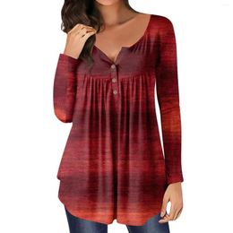 Women's T Shirts 2024 Plus Size T-Shirt Tops Long Sleeve Loose Casual Retro Geometric Print Button Pleated