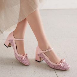 Dress Shoes YMECHIC Block High Heels Pumps Women Shoe Pink Black Red Square Toe Bowtie Sweet Party Mary Jane Lolita 2024 Summer