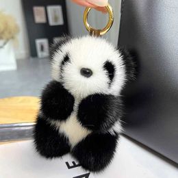 Keychains Lanyards 1 piece of little panda plush doll womens bag decorated with cute imitation mink fur car keychain bear fashionable gift Q240403