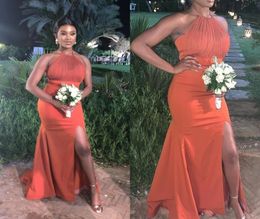 Orange Mermaid Bridesmaid Dresses Halter Side Split Draped Sweep Train Garden Country Beach Wedding Guest Gowns Maid of Honour Dres7690710