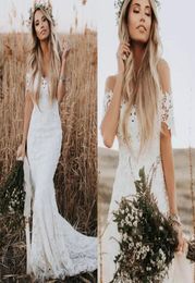 Off The Shoulder Boho Wedding Dresses Cheap 2022 Lovely Lace Sheath Backless Custom Made Bridal Dress Berta Wedding Dress Summer C6338119