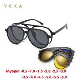 VCKA 6 In1 Pilot Polarized Myopia Sunglasses Magnetic Clip Men Women Glasses Optical Prescription Classic Eyewear -0.5 to -6.0 240327